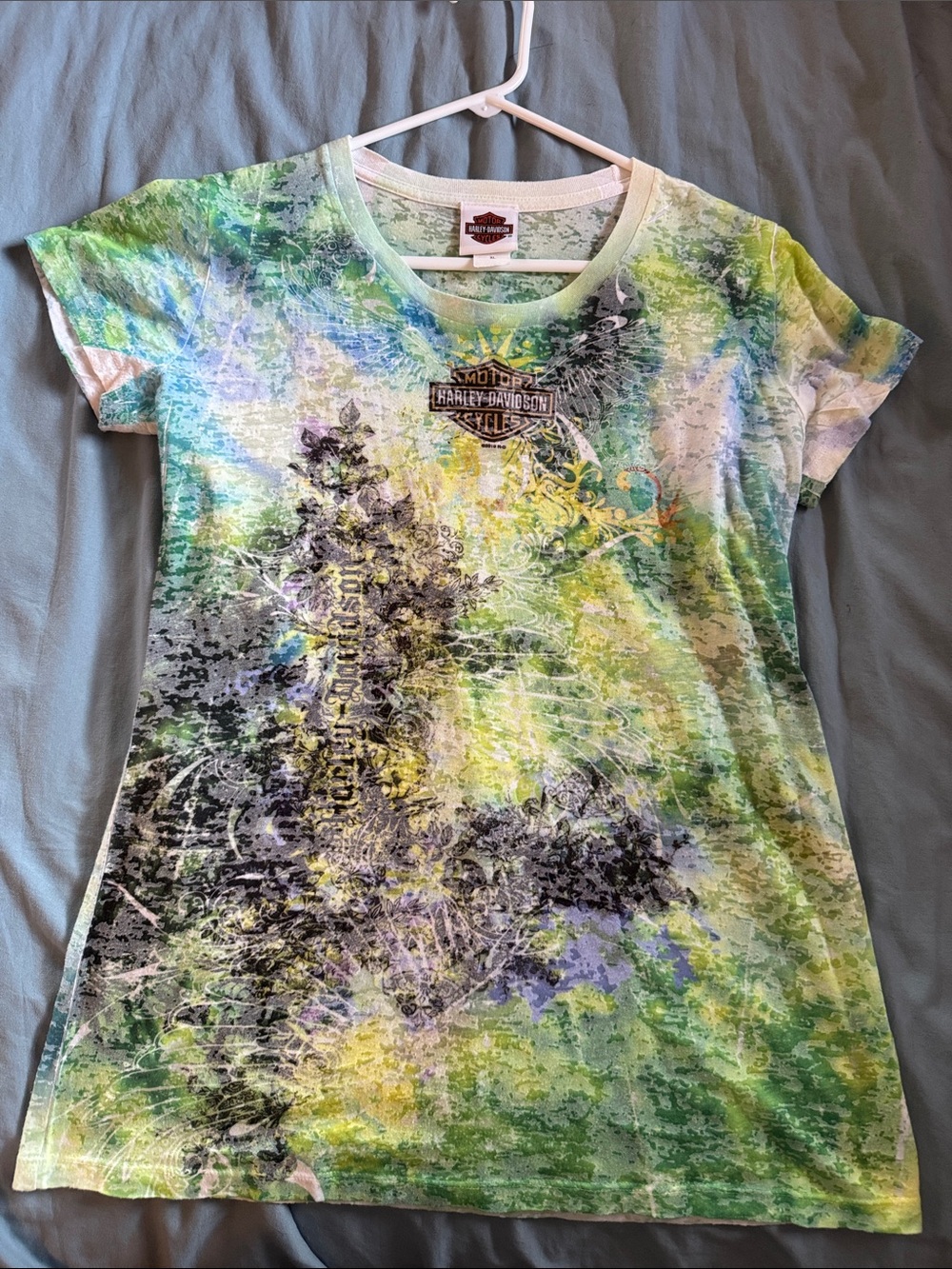 Harley-Davidson Green, Blue & Yellow Abstract Watercolor Tee